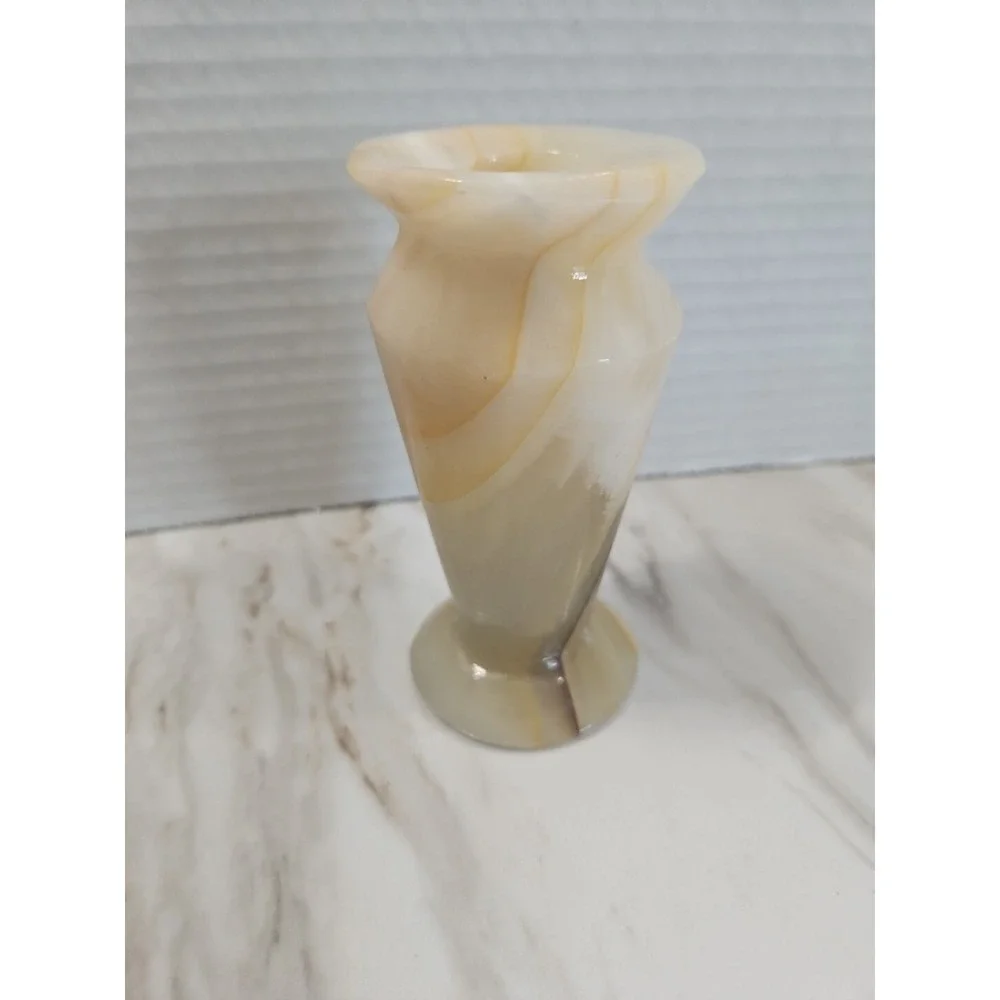 Vintage Cream/White Agate Small Stone Vase Earthy-tan Veining Marbled Heavy